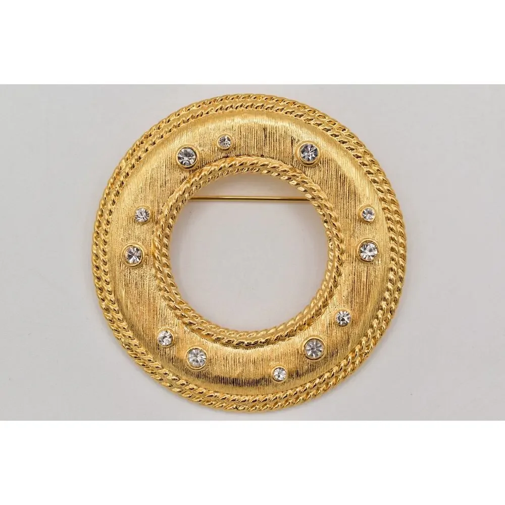 Vintage Chunky Round Pin Brooch Textured Matte Rhinestone Crystal Heavy 1980s 9B